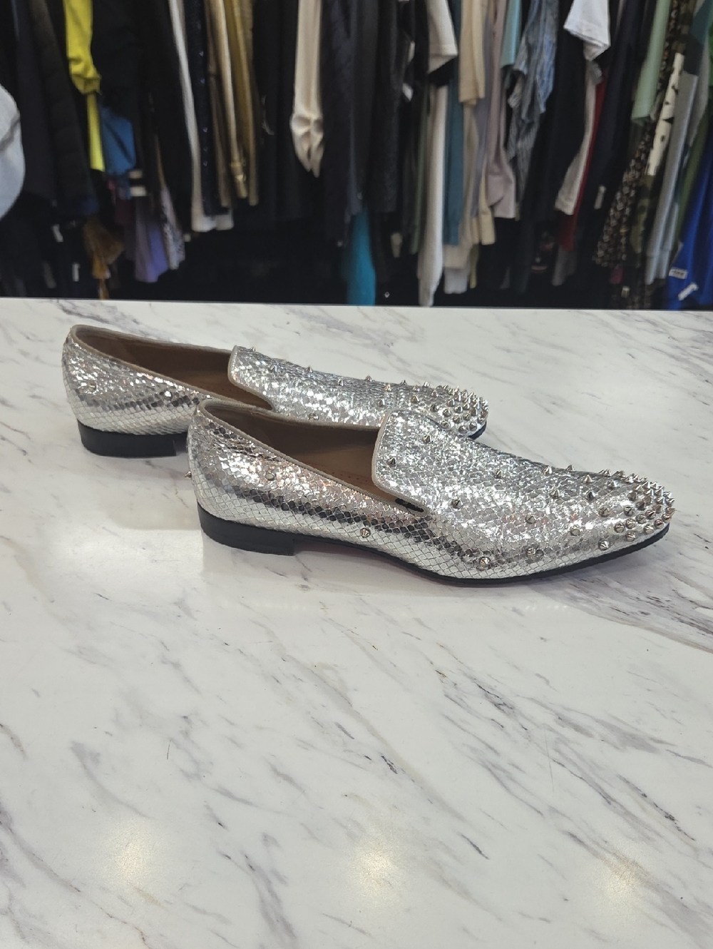 Christian Louboutin Silver Spike-Embellished Men’s Loafers